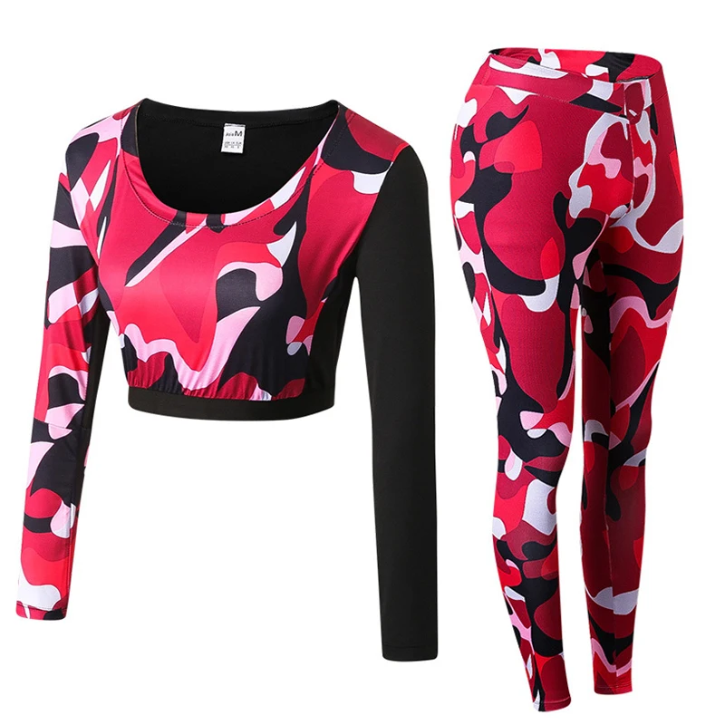 

European Size Women Fitness Clothing Sets Unbranded Gym Women Camo Yoga Pants Two Pieces, As photo