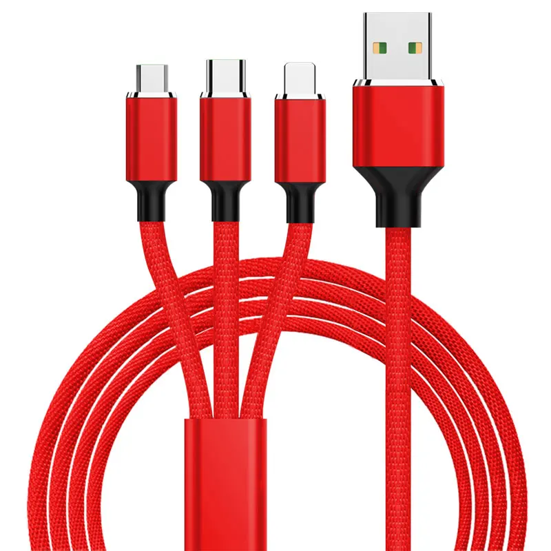 

Best quality cost-effective Cloth Braided 2.4A Multi Plug 3 in 1fast charging USB Cable For iphone11/ Mirco/TYPE C/huawei mate30, Black/red/blue