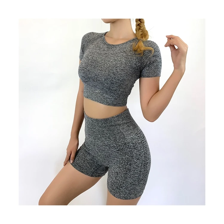 

2021 new seamless knit fitness leggings set gym workout short sleeve breathable fashion yoga suit for women, Yellow, black and pink, can customize