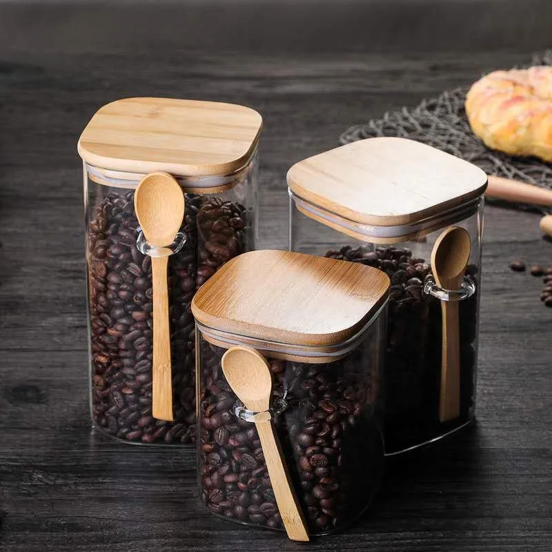 

Kitchen food Container food jar glass jar with Natural High grade wood Lid and Silicone Seal Ring with spoon