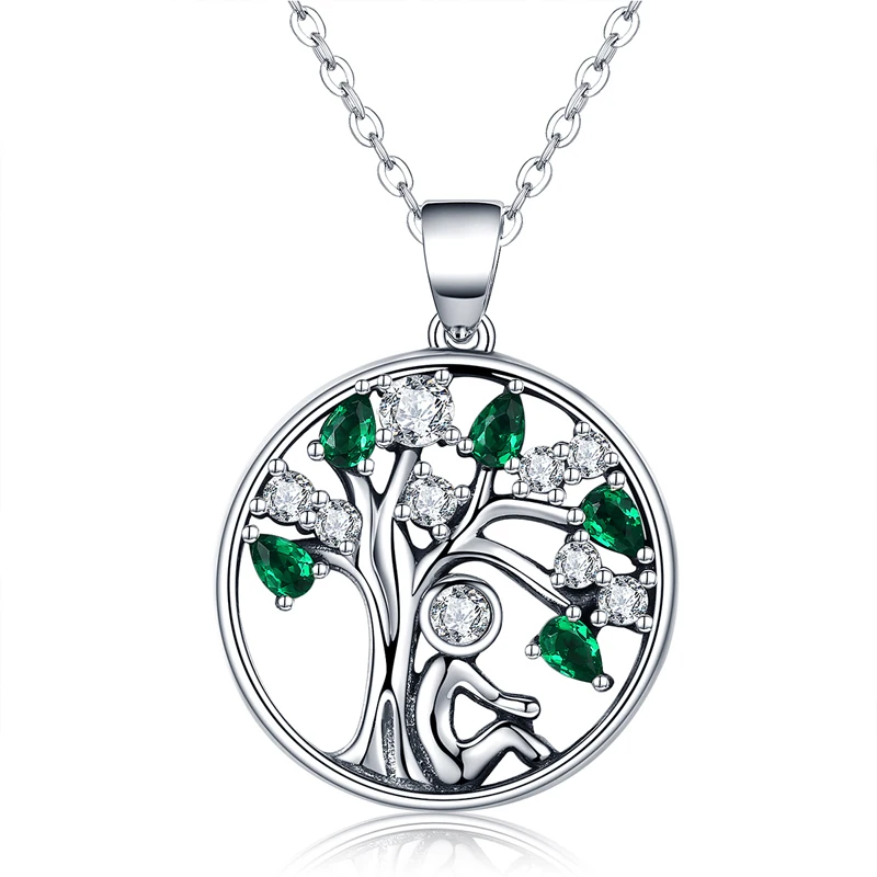 

Fashion Exquisite Jewelry 2021 Women Round Tree Of Life Pattern Green Zircon Sterling Silver 925 Pendant Necklace