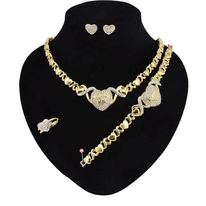 

Latetest Wholesale I love your heart shaped diamond 18K gold plated necklace earrings jewelry set