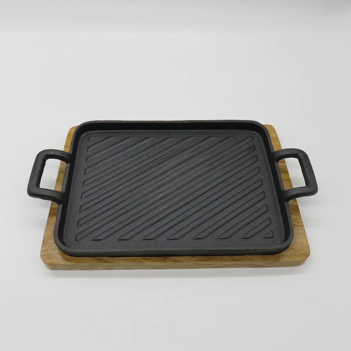 Cast Iron Grill Sizzler Plate Fajita Skillet Japanese Steak Plate With Handle And Wooden Base