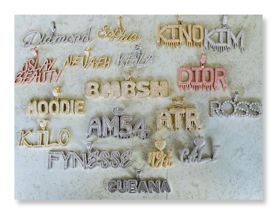 

Hip Hop Iced Out Cursive Letters Bubble Letters Custom Name Cubic Zircon Necklaces, Gold, silver, rose gold