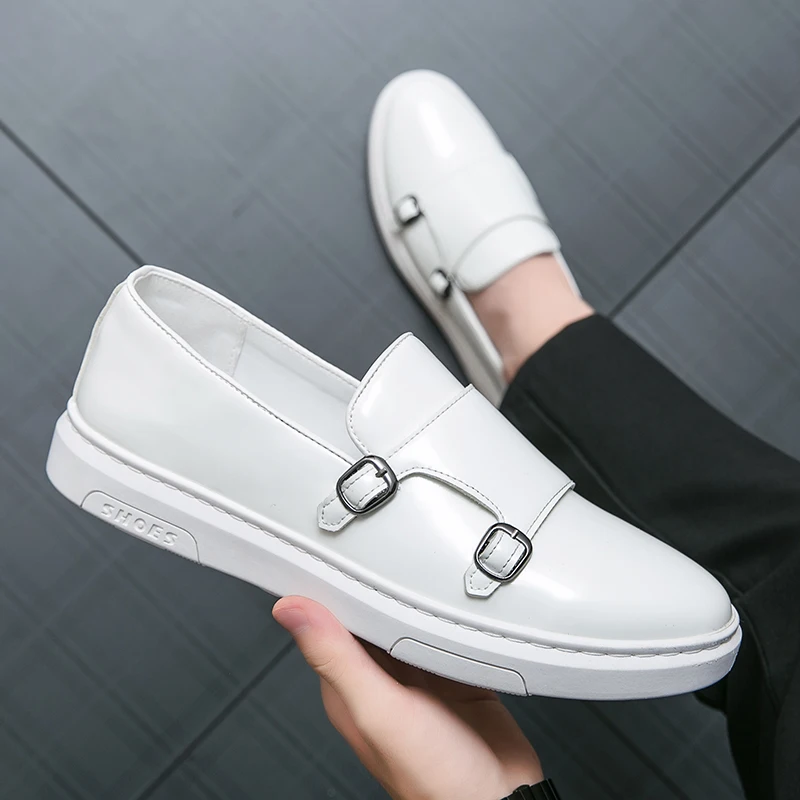 

White Patent Leather Dress Shoes Classic Design Durable Double Monk Strap Loafers Shoes for Men