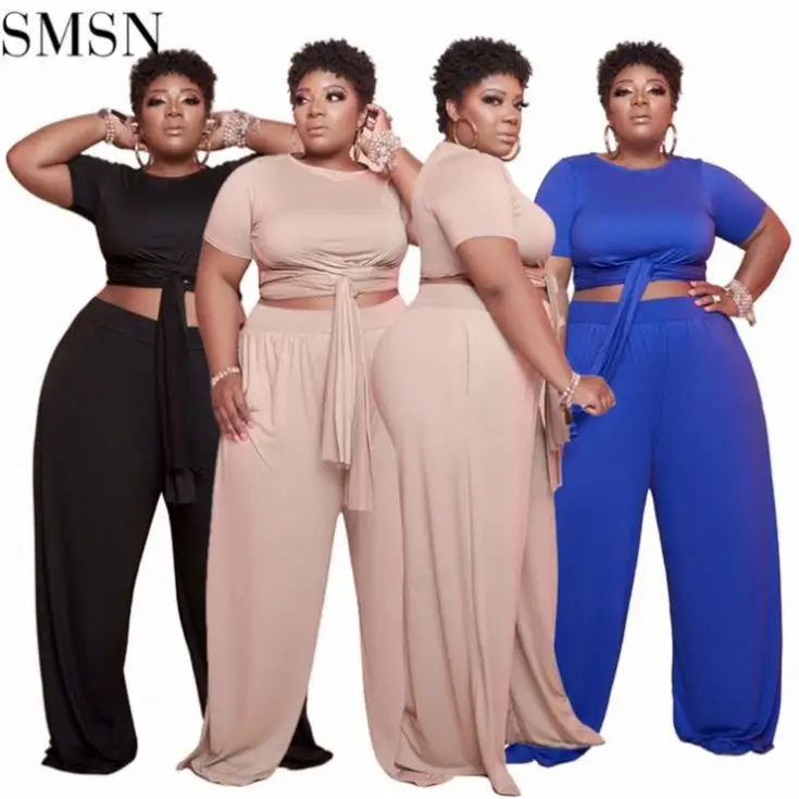 

New Trendy Solid Color 2 Piece Set Women Short Sleeve Bandage Solid Color Plus Size Two Piece Pants Set