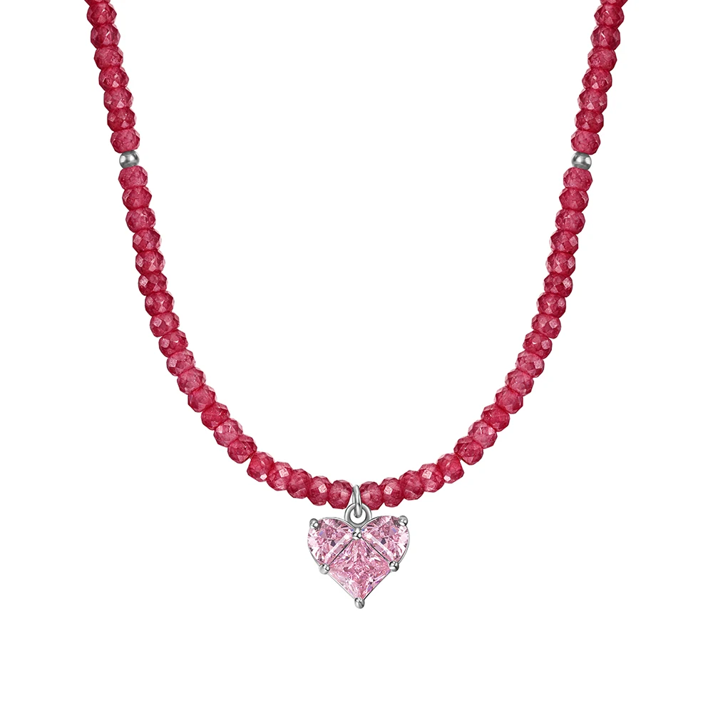 Dylam Sweet Girl Lady Dress up Jewelry S925 Silver Beads Chain Heart Shape Sparkle 5A Cubic Zirconia Pendant Necklaces