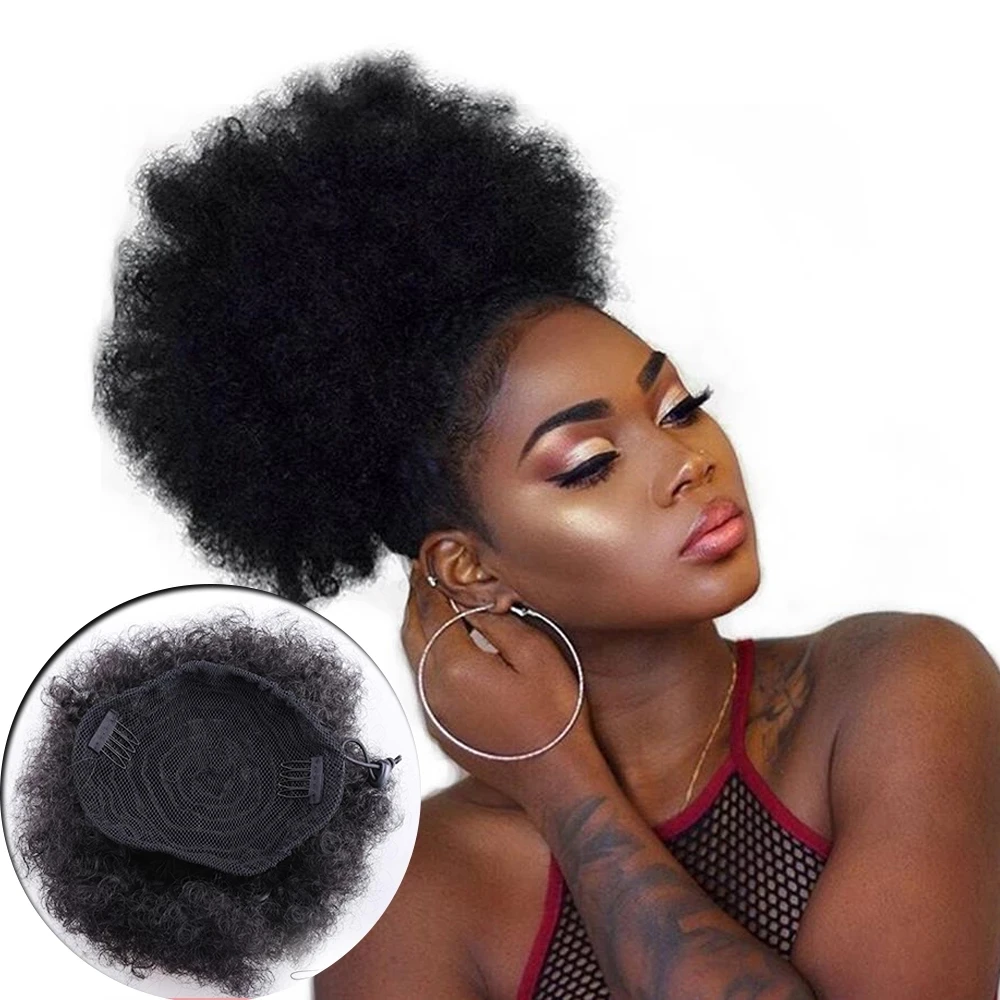 

Chic Afro Puff humain Hair Bun Chignon Hairpiece For Women Wig Drawstring Ponytail Kinky Curly Clip in Extensions Pony Tail