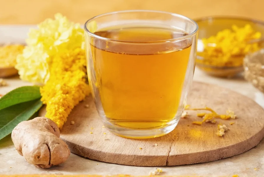 Golden ginger turmeric tea in ceramic mug with fresh ingredients surrounding it