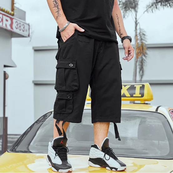 

Plus size overalls men's loose multi-pocket trend fat casual cropped pants plus fat plus size men's trend overalls, Shown