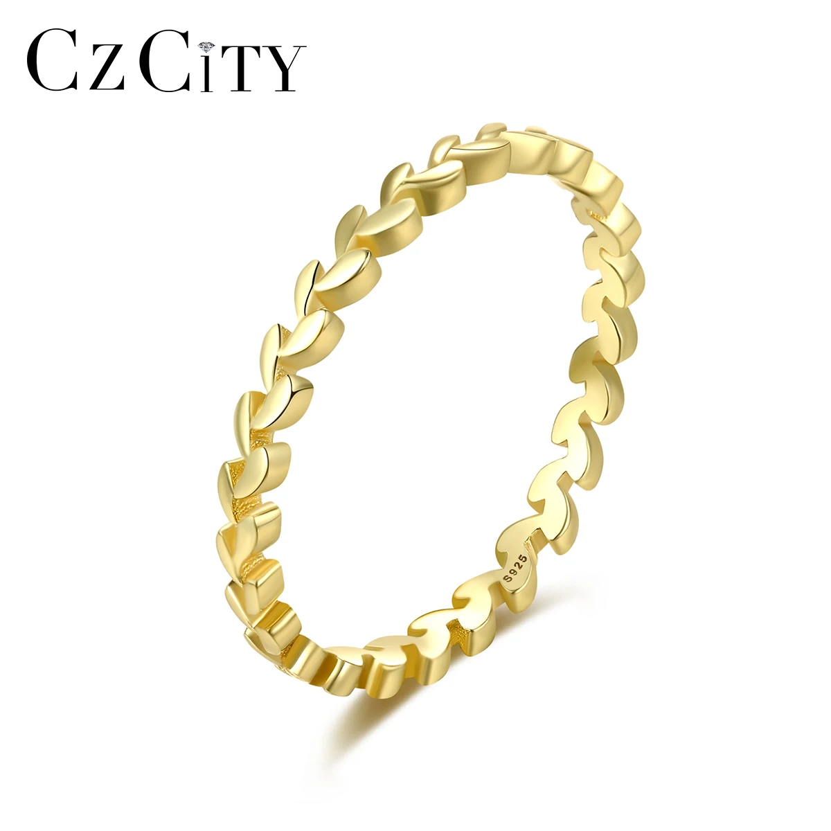 

CZCITY Luxury Womans Wave Rings 925 Silver 14K Gold Plated Leaf Shape Ladies Ring