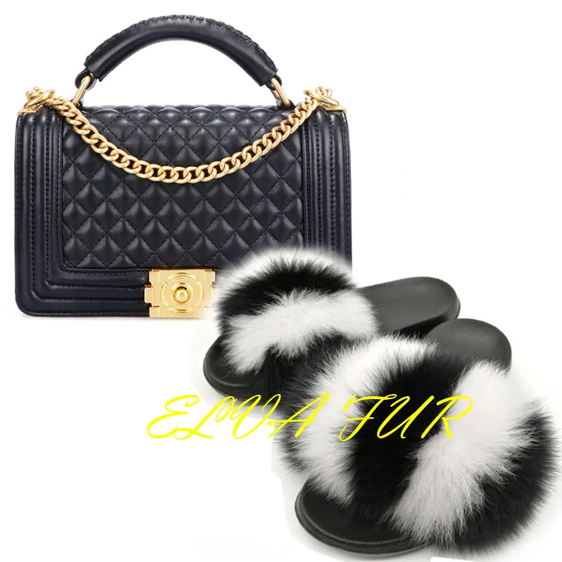 

2020 ELVA FUR China wholesale pvc flat sole real fur slides fox fur slippers, Colours