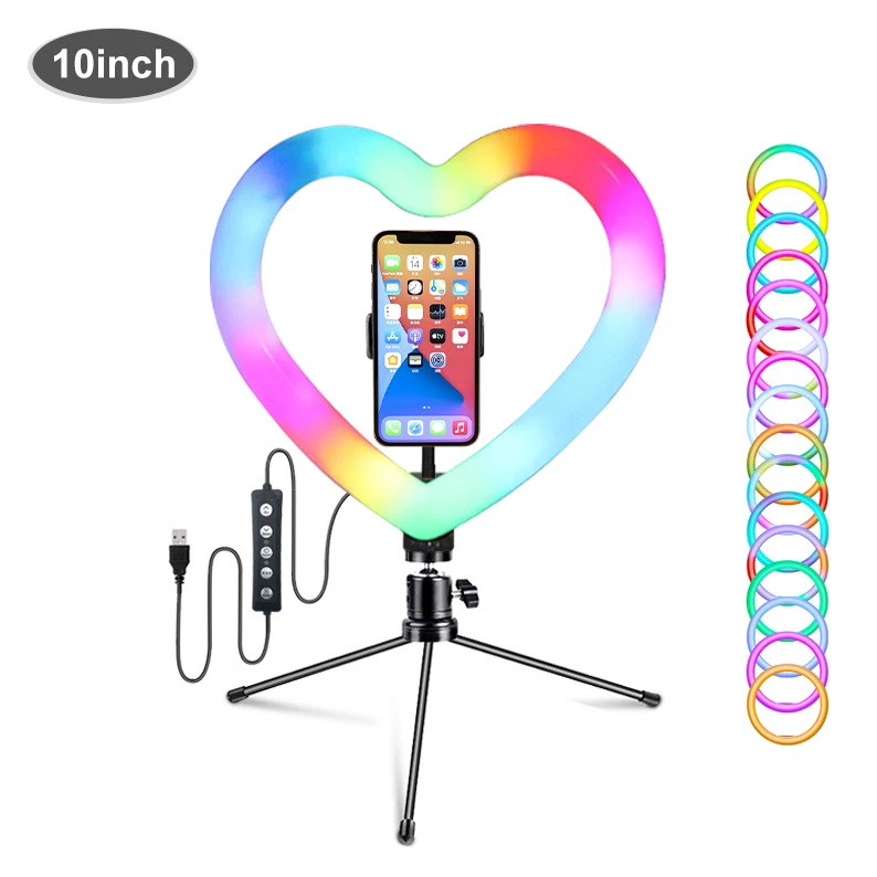 

wholesale rgb 10 inch led heart ring light with tripod for live broadcast video light photographic lighting tiktok youtube