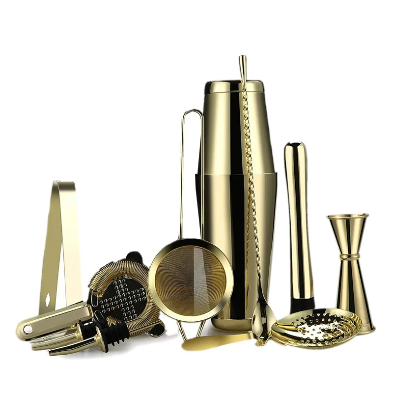 

11-Piece Gold Boston Cocktail Drink Shaker Set Made From 304 Stainless Steel Bar Tools Bartender Kit, Electroplated gold