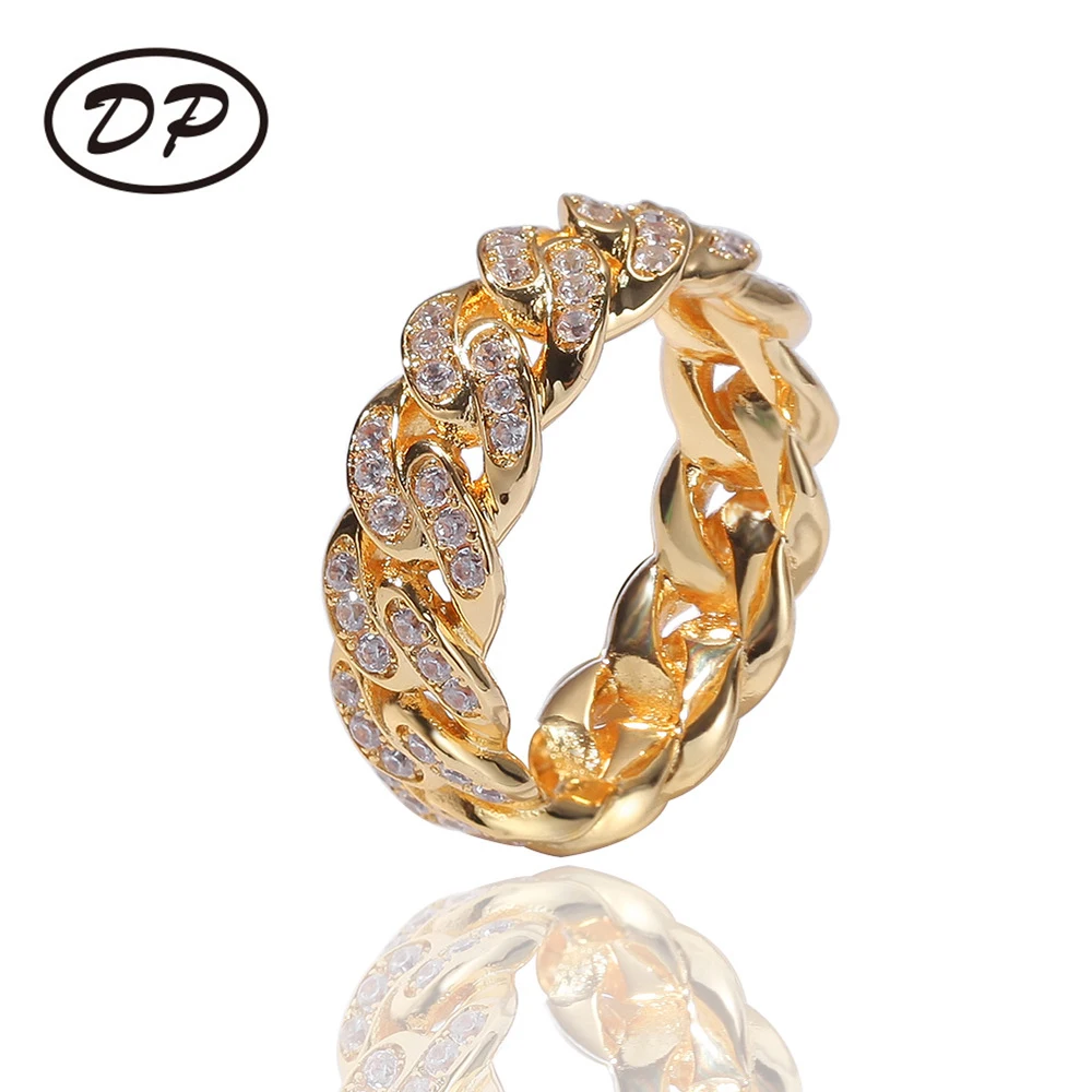 DP Iced Out Zirconia Cuban Chain Rings for Men 18K Gold Plated Cuban Ring CZ Diamond Jewellery, Gold, sliver