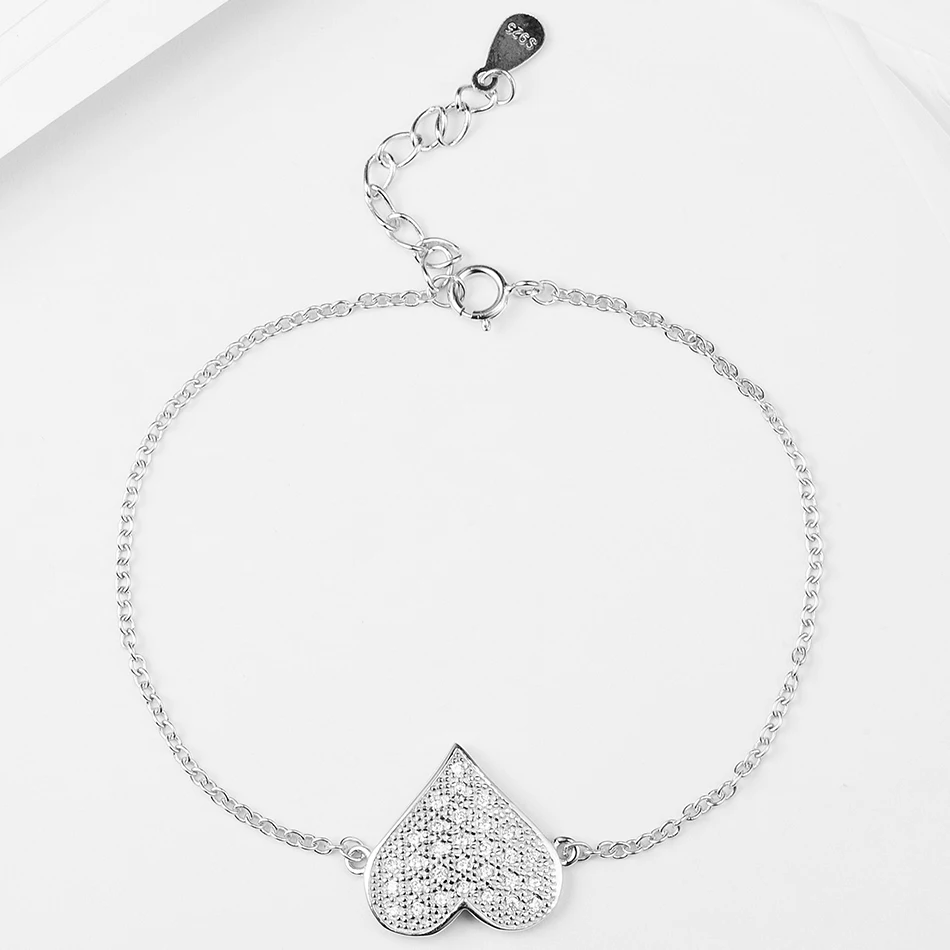 

Luxury 925 Sterling Silver Heart Bracelet Clear Crystal Feather Bracelets for Women Fashion CZ Bracelet Jewelry Gift
