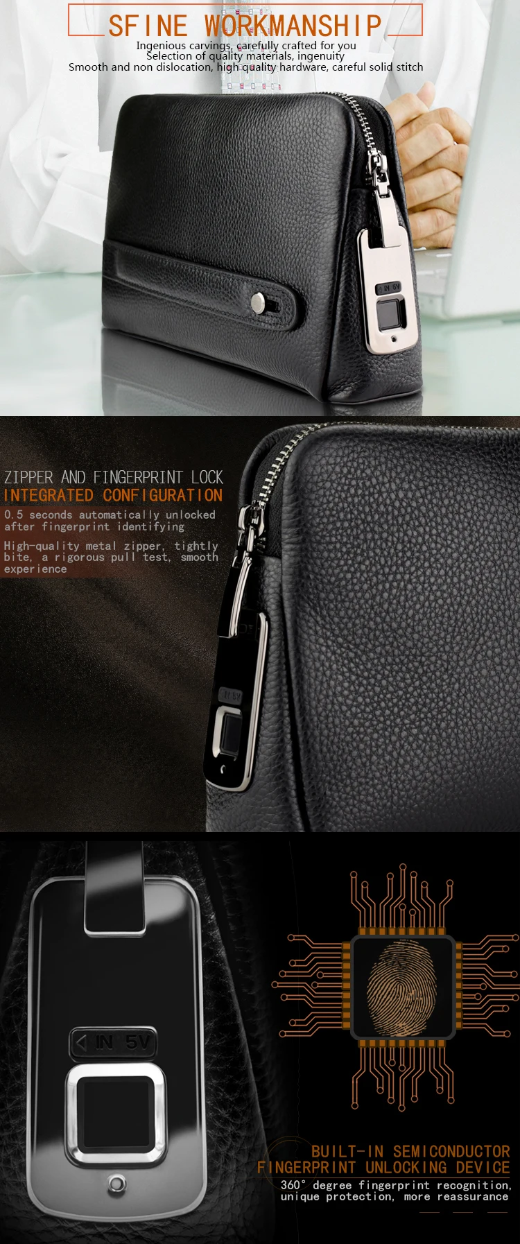 mart Fingerprint Handbag, Zipper Leather Wallet,Smart Fingerprint