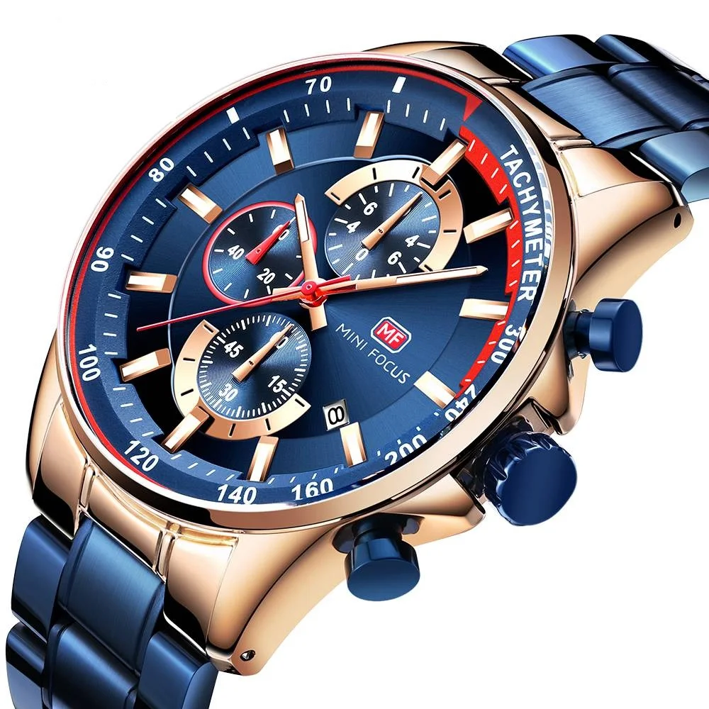 

MINI FOCUS 0218 G Calendar Luxury Blue Quartz WristWatches Sport Stainless Steel Business Watches Men Wrist Relogio Masculino, 4-color