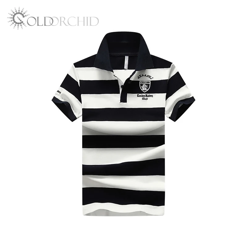 Hot Style Dark Blue Turndown Stripe Polo Organic Cotton T-Shirt Men