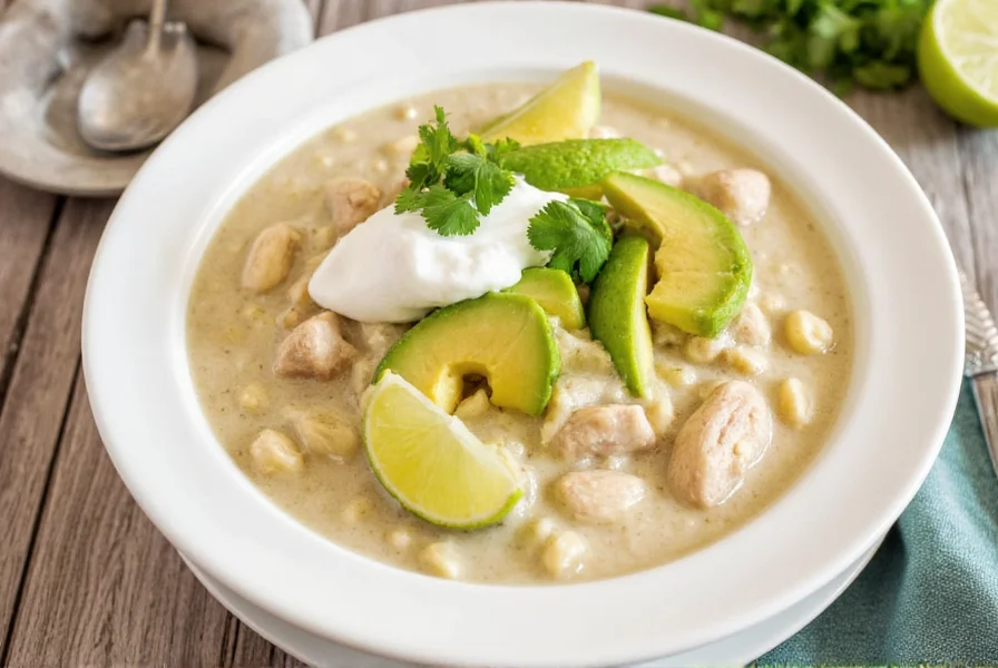 White chicken chili served in a bowl with toppings: avocado, sour cream, cilantro, and lime wedges