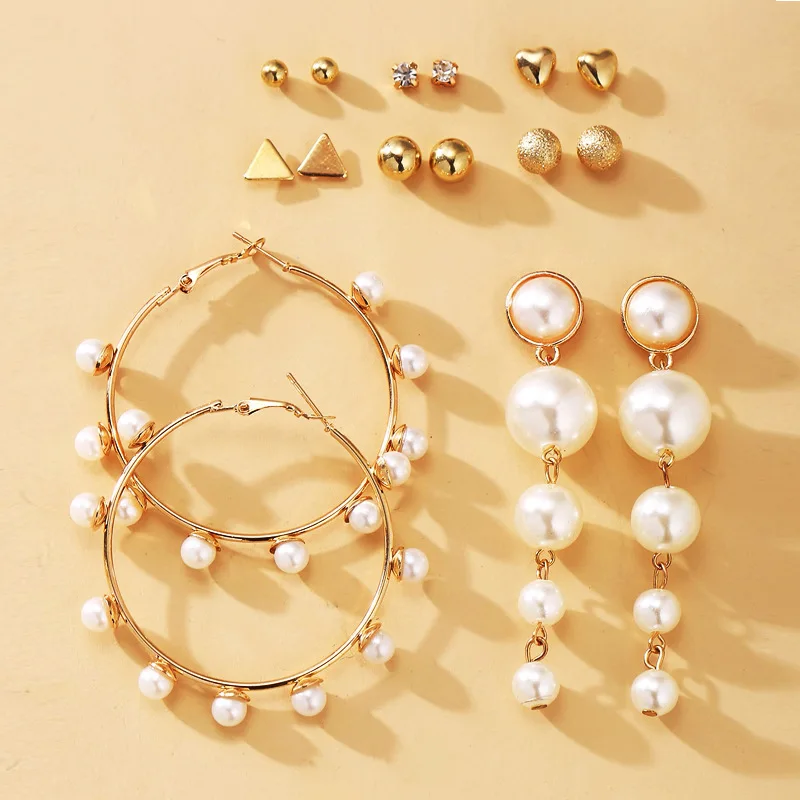 

European and American new pearl ring earrings 8-piece set, creative retro simple earrings set, Picture shows