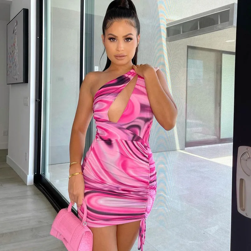 

H9390 - one shoulder fashion long sleeve printed bodycon dress women
