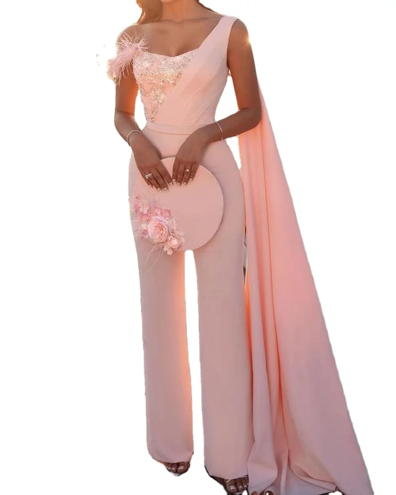 

Luxury Maxi Dress Beading diamond Casual Feather One Shoulder Pink Evening Dress, Picture