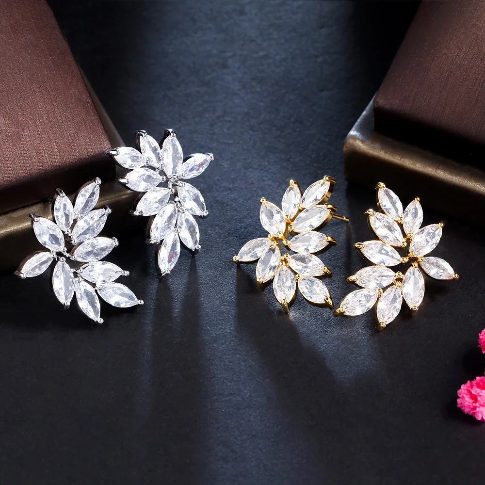 Exquisite Silver Plated Leaf Shiny Full Marquise Cut Cubic Zirconia Stone Women Cluster Stud Earrings for Party Bridal Jewelry