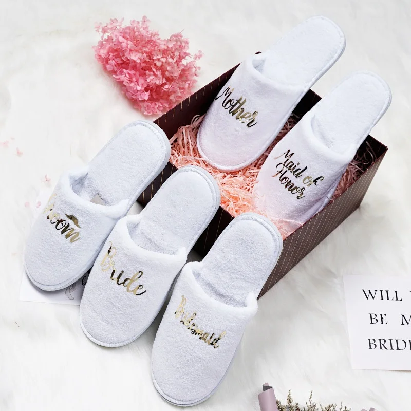 

Wedding Slippers Personalised Bridal Party Slippers Open Toes Spa Hen Weekend Shoes Quality Coral Fleece Bridesmaid Slippers