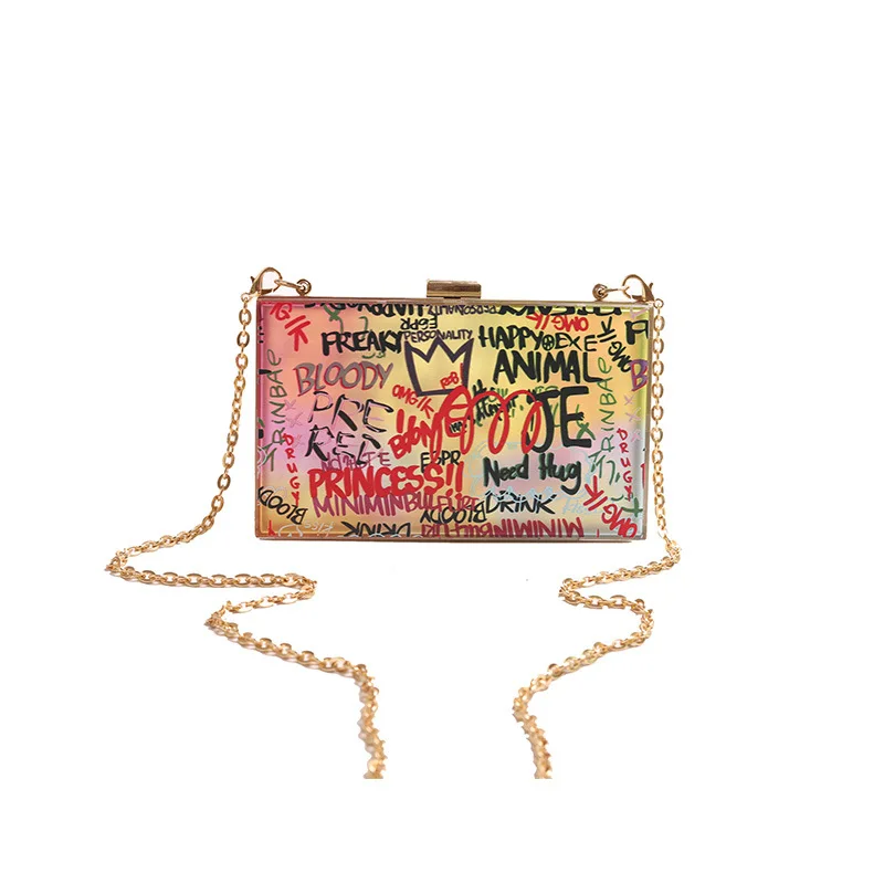 

New Personalized Ladies Luxury Acrylic Box Jelly Purse 2021 Graffiti Chains Square Shoulder Bag Dinner Handbags For Women, Client color