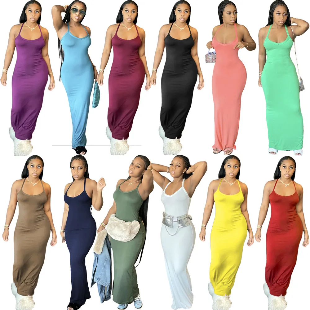 

2022 Women Summer Dress Custom Logo Solid Color Bodycon Halter Neck Long Dress Fashion Maxi Dresses Sundress