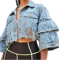 

90926-MX48 ruffles sleeve short ripped denim jackets women