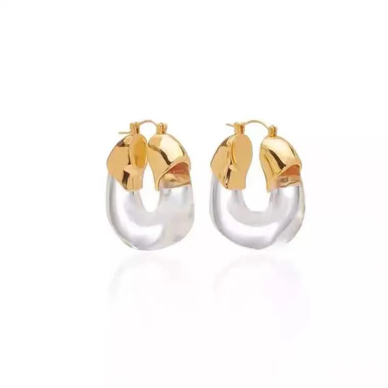 

Trendy Transparent Resin Small Hoop Earring Geometric U-Shaped Metal Texture Earring Women Temperament Jewelry Accessories