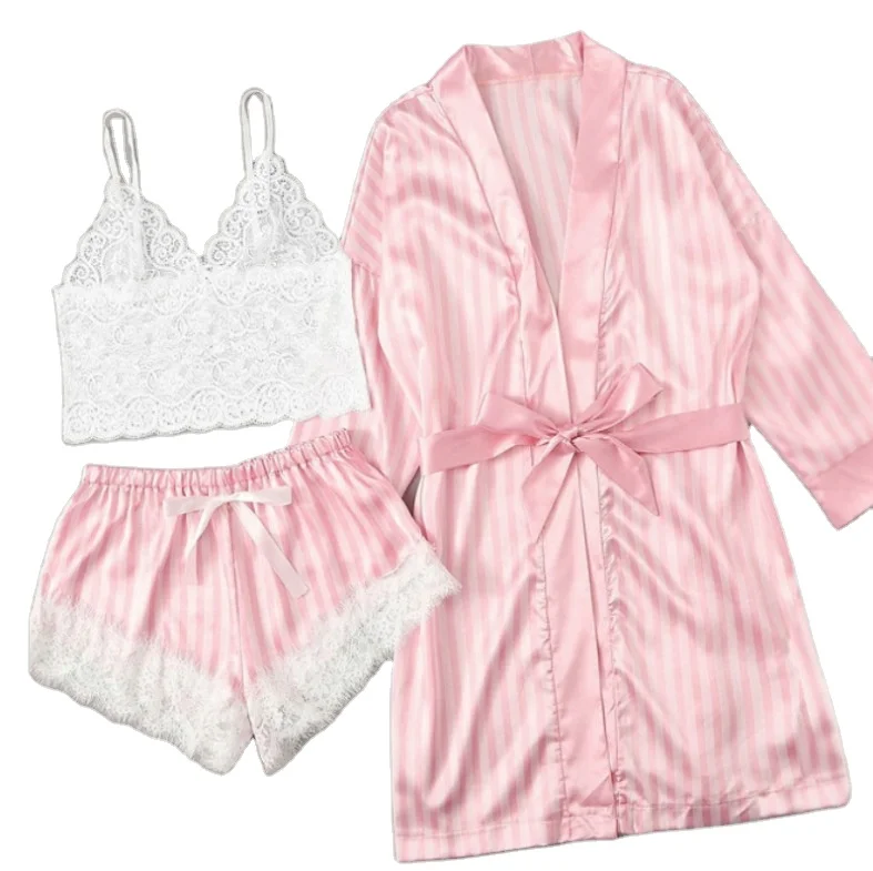 

Lace Lingerie Set With Belted Robe 3 Pcs Ladies Satin Pajamas Sexy Night Wear Shorts Sets Night Robes Women, Customized color