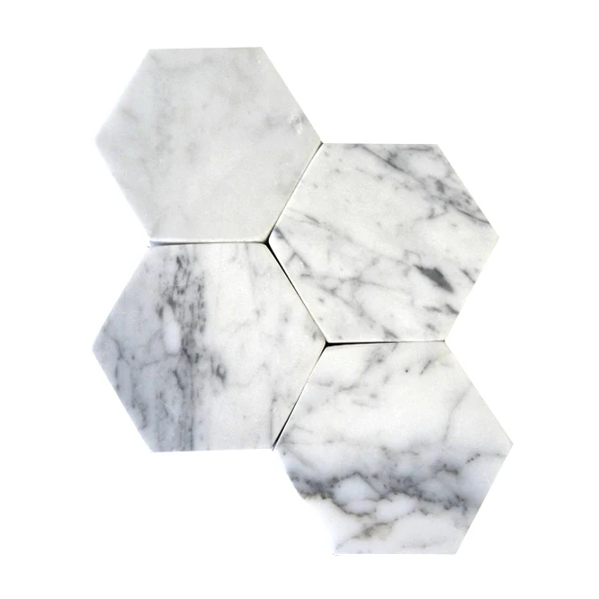

New Design Cup Decorate Best Selling Wholesale Custom Engraved Hexagon White Carrara Polished Marble Stone Drink Coaster Set