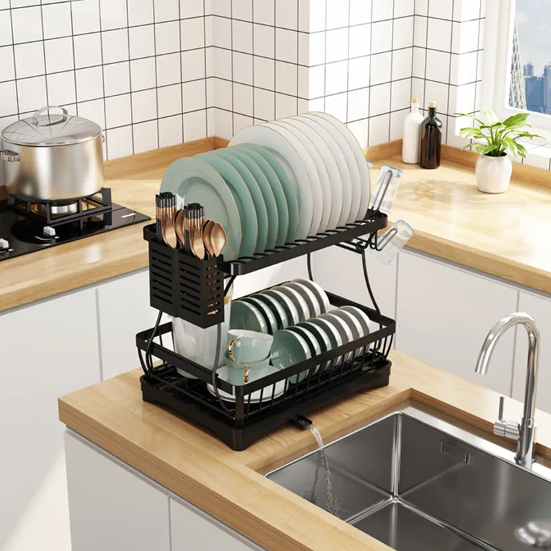 

black white stainless steel kitchen set 2 tiers B shape organizer rack plate bowl knife dish racks