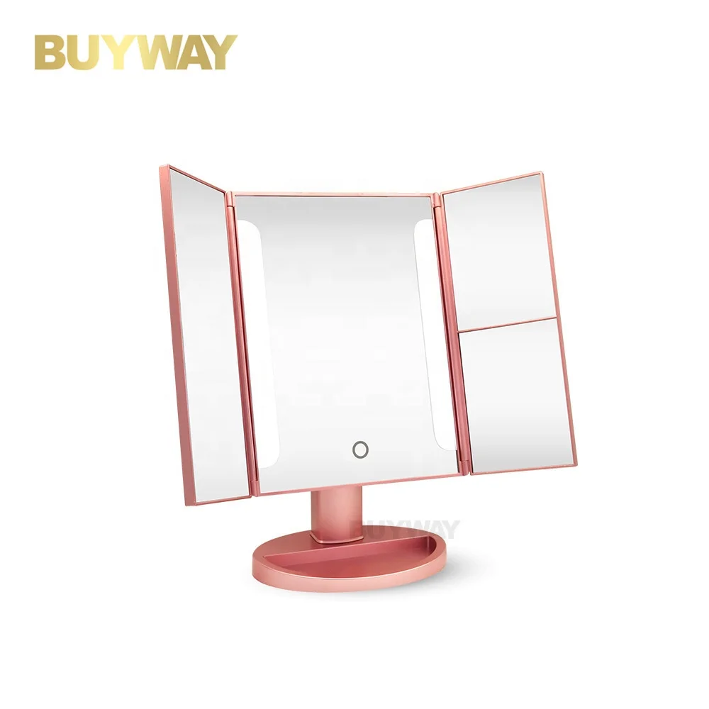 
Design illuminated tri fold custom table top cosmetic face led light makeup mirror with logo 