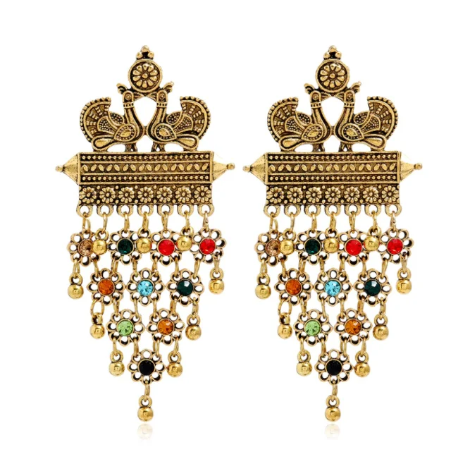 

New folk style retro peacock hollowed-out flowers inlaid diamond beads tassel Indian earrings for women, Gold/silver