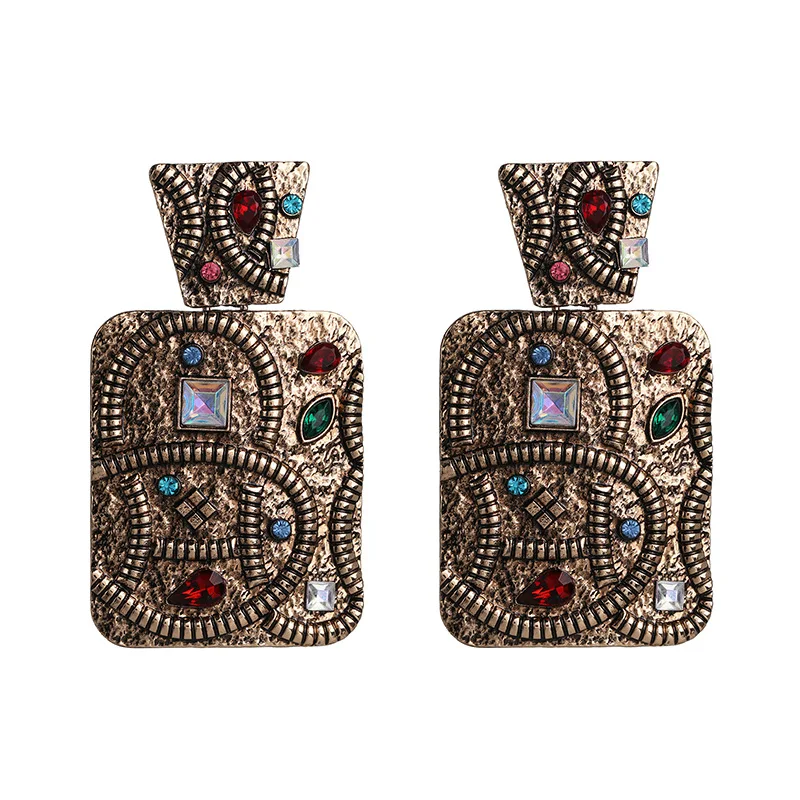 

Wholesale Retro Geometric Crystal Rhinestone Drop Earrings Creative Colorful Diamond Rectangle Pendant Earrings For Women