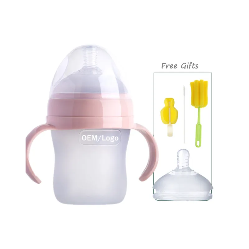 

6Oz High temp disinfection elastic edible material wholesale baby bottles silicone feeder nano soft silicon bottle infant, Transparent or customized