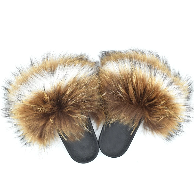 

Cheap Big Furry Soft Fox Fur Slippers Brown Raccoon Fur Slides Sandals for Women, Custom color,rainbow,block,mixed color,hot pink,natural raccoon, etc.