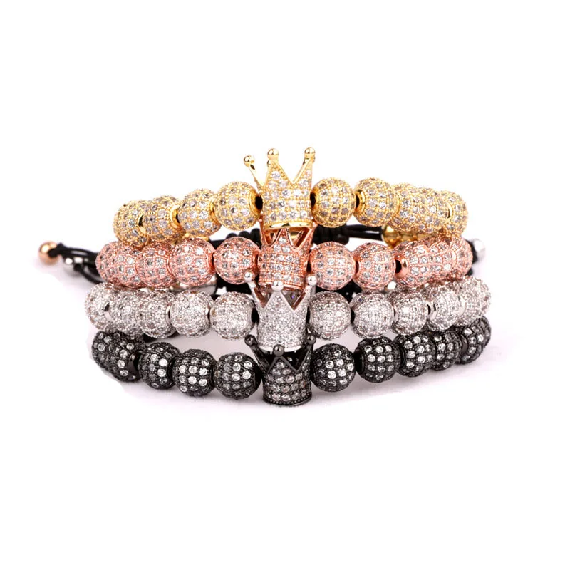Hot Selling 8mm CZ Micro Pave Ball Crown Charm Stainless Steel Beads Custom Logo Hip Hop Men Women Luxury Bracelet