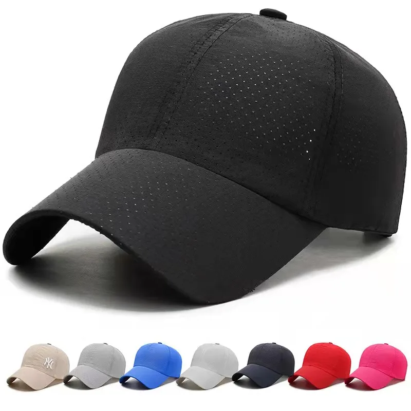 

Custom PVC logo Unstructured 6 Panel Laser Cut Holes Running Duckbill Men Outdoor Camper Quick Dry Nylon Fitness Sports Caps