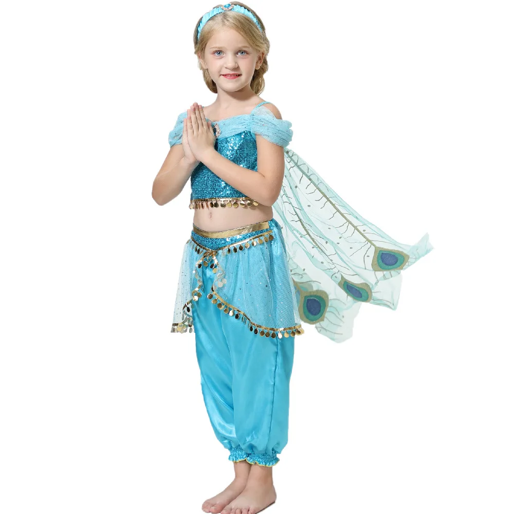 

MQATZ Kids Aladdin Princess Jasmine Cosplay Girls Fancy Dress Pants Dress Costumes Set, Blue