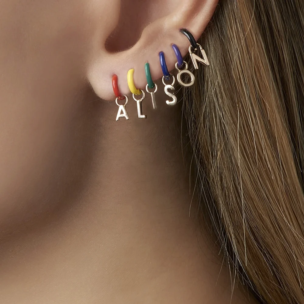 

Amazon Hot Selling Earrings Set Copper Ear Button 26 Letter Hanging Gold Plated Silver Earrings Huggie