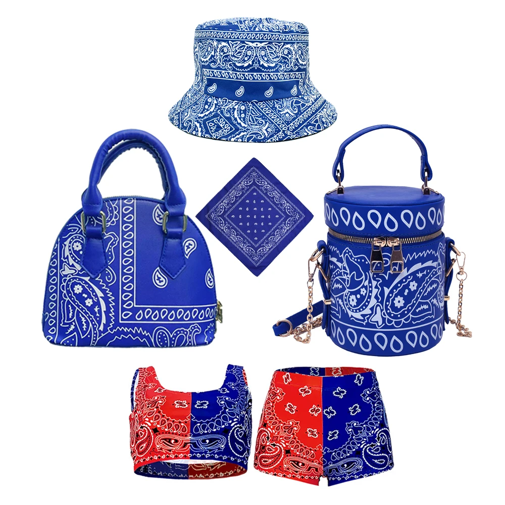

2021 Ins Trendy Red Cashew Flower Women Hand Bags Set Bandana Print Bucket Hat and Matching Paisley Bag Purse Sets, 10 colors