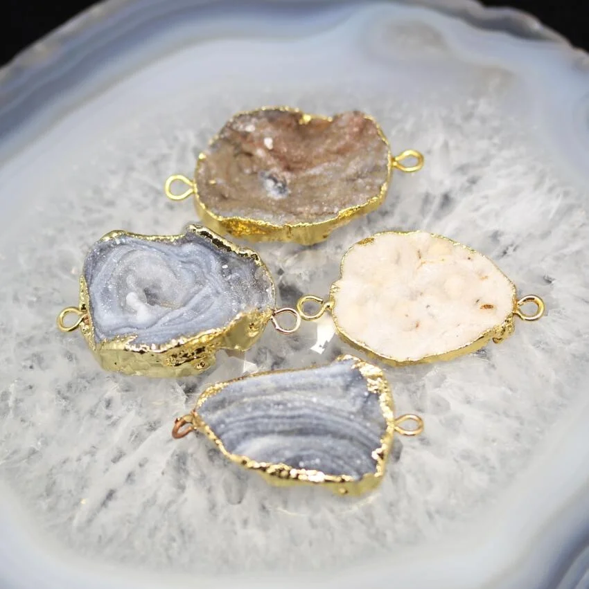 AM-YGH261Natural Druzy Connectors,Raw Drusy Quartz Agates Slice Slab Beads Links Charms Bracelet Necklace