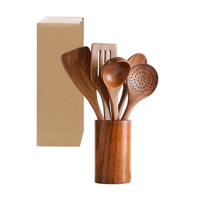 

Drop shipping Eco Friendly Teak Wood Turner Spatula Wooden Pizza Paddle Wooden Cooking Spoon 6 Pieces in Set