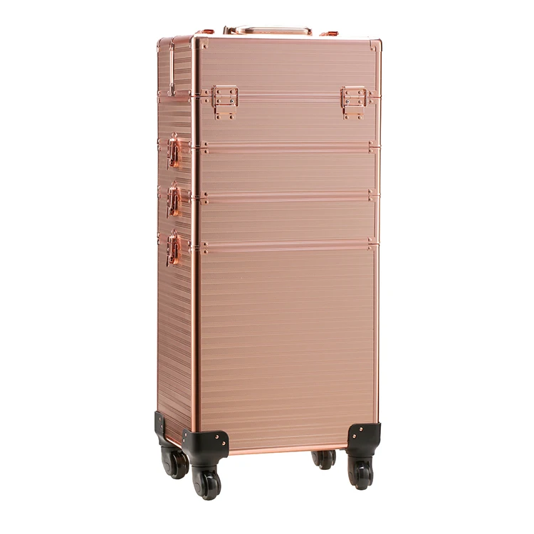 

High quality large size rose gold cosmetic rolling makeup train case