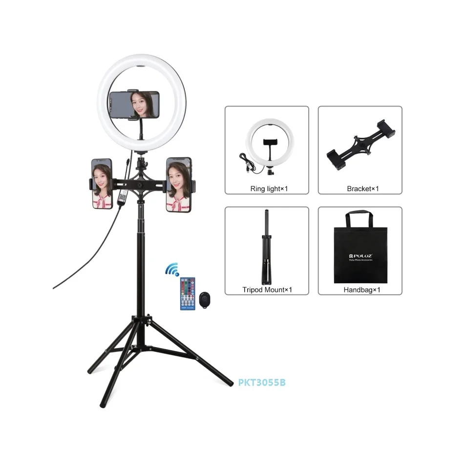 

PULUZ 10.2inch 26cm RGBW Ring Light Selfie LED Light 1.65m Tripod Dual Phone Holder Lights Kits with Remote